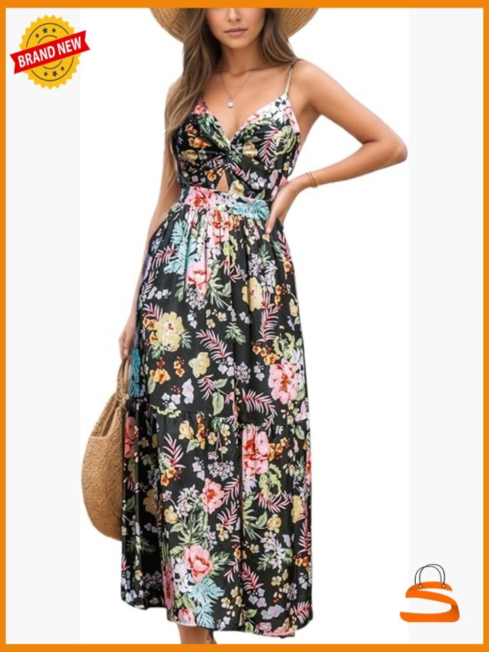 V-Neck Sleeveless Maxi Dress with Keyhole, Flowy A-line, Self Tie Back